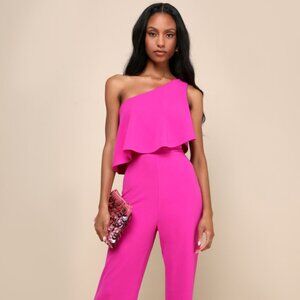 Lulus Flawless Vibes Magenta One-shoulder Tiered Wide-leg Jumpsuit Pink